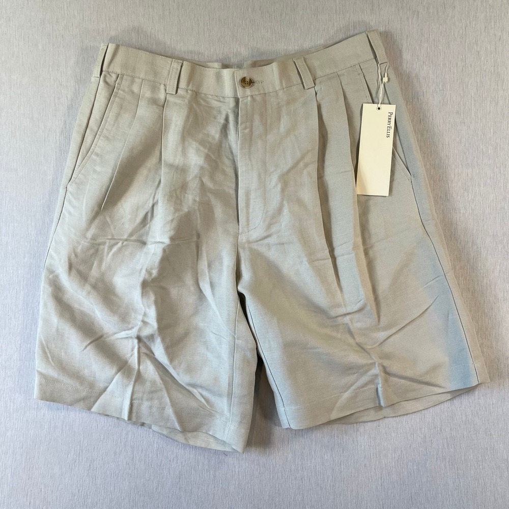 NEW Perry Ellis Mens 32 Pleated Linen Blend Shorts Light Tan Oatmeal NWT